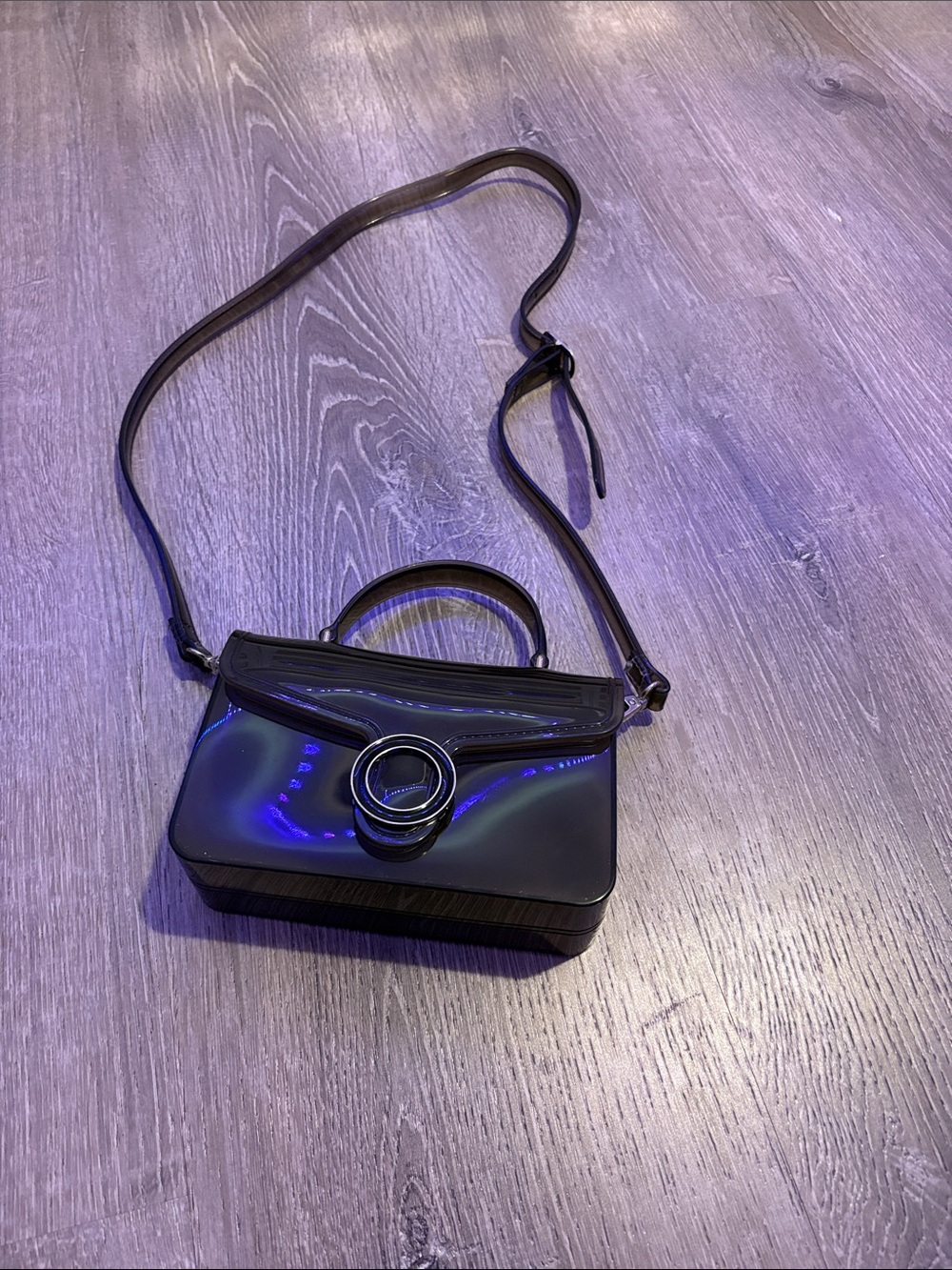 Patent Black Crossbody Bag with Circular Ring Accent